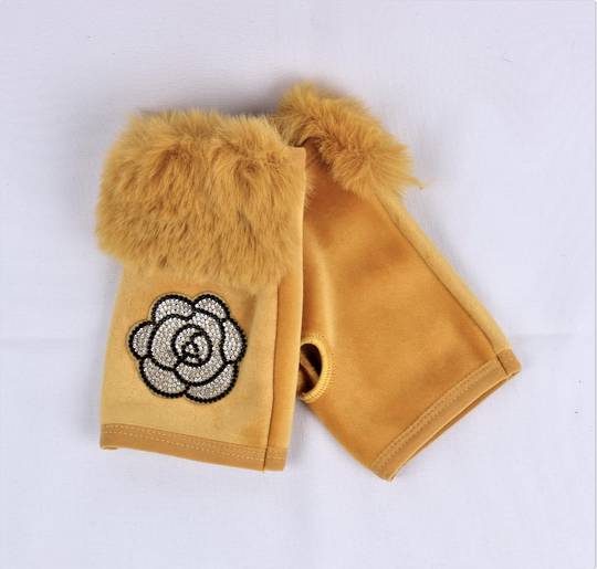 Winter ladies glove w diamante rose and faux fur cuff fingerless mustard Style; S/LK4860